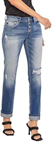 Kancan Women's Mid Rise Patched Folded Hem Slim Straight - KC8599