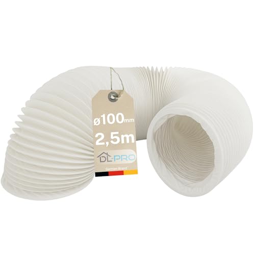 DL-pro 2,5m Ø100 mm Abluftschlauch – Flexschlauch PVC weiß für Klimaanlage, Dunstabzugshaube, Trockner – NICHT passend für Ø102 mm Anschluss