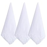 3 Pcs White Soft Cotton Ladies Handkerchiefs for women, Elegant Embroidery Lace Pure Color Square Hankies, Portable Comfortable Daily Accessory Suitable for Afternoon Tea Party (11 inch)