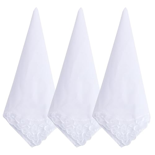 3 Pcs White Soft Cotton Ladies Handkerchiefs for women, Elegant Embroidery Lace Pure Color Square Hankies, Portable Comfortable Daily Accessory Suitable for Afternoon Tea Party (11 inch)