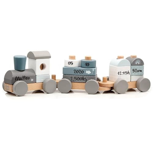Personalizable Tren apilable de Madera Azul – 14 Piezas – motricidad Fina & Encaje de Formas – a Partir de 18 Meses – con Nombre y Fechas de Nacimiento – Label Label