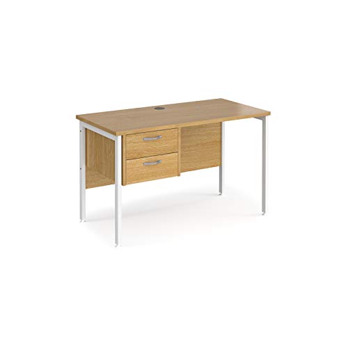 Mr Office Maestro 25 straight desk 600mm deep with 2 drawer pedestal - white H-frame leg, 1200, Oak
