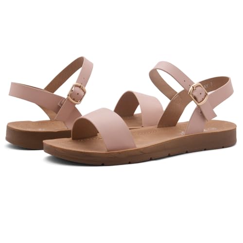 Image of Herstyle Flat Sandals for Women - Open Toe 1 Band Ankle Strap Summer Dressy Sandals, Lightweight Casual Strappy Slip-On Flats with Adjustable Buckle