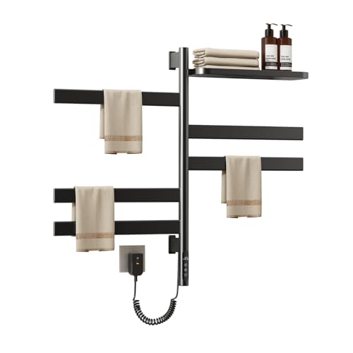 Towel Warmer with Top Tray, 180° Stainless Steel Swivel Towel Warmer, Wall Mounted Drying Rack, 5 Bars with Built-in Timer, 150W(1-9H),Black