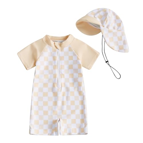 Image of Dewadbow Baby Boy Girl Swimsuit Toddler Checkered Print Half Zip One Piece Bathing Suit Swimsuit Rash Guard Surfing Suit Hat