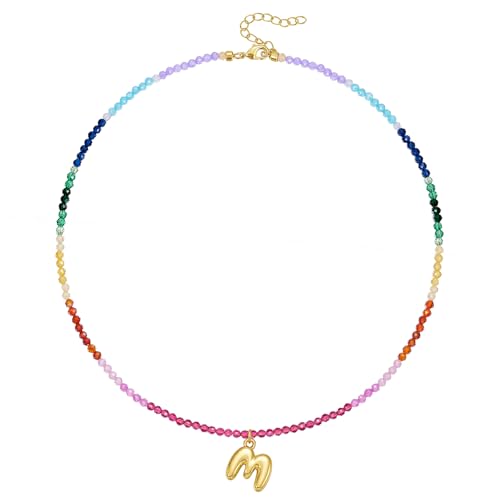 KissYan Beaded Initial Necklace for Women, 14K Gold Plated Bubble Letter Pendant Rainbow Gemstone Choker Colorful Summer Beach Jewelry