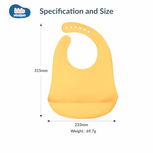 Image of Kids Station Silicone Baby Bib for Feeding & Weaning BPA Free, Soft Adjustable Neckline with Buttons, Washable & Reusable, Ideal for Babies & Toddlers 6 to 36 Months - Yellow