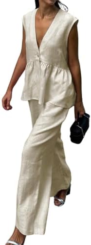 Womens Two Piece Set Sleeveless V Neck Peplum Vest Wide Leg Pant ...