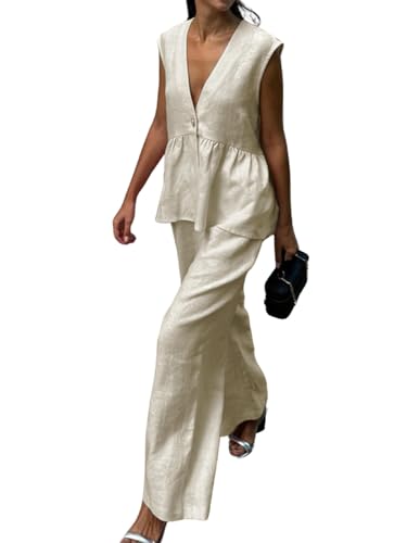 Volemo Womens Two Piece Set Sleeveless V Neck Peplum Vest