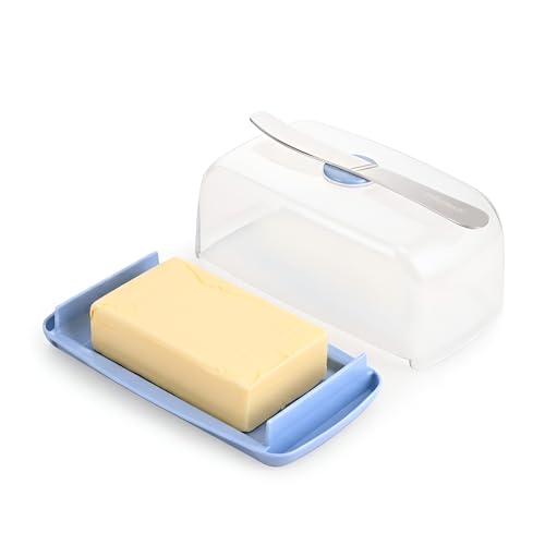 Image of Nayasa Smart Transparent Butter Dish with Lid & Butter Knife | BPA-Free Food Grade Plastic Butter Storage Container | Easy to Clean Butter Keeper for Butter, Cheese & Table Serving | Blue