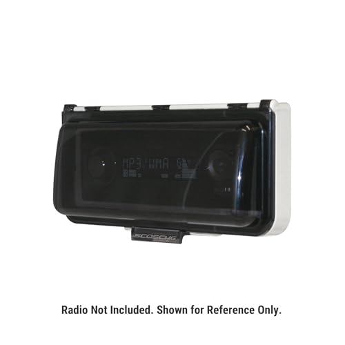 Image of Scosche ACM3W Universal Marine Radio Cover - Water Resistant Boat Dash Radio Protector Shield with One Touch Spring Loaded Flip-Up Door, Single DIN Marine Stereo Kit - Durable Boat Accessory - White