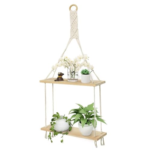 Afuly Estante de Pared Estante de Pared de Madera Boho Chic Macramé Sala de Estar Baño Dormitorio Ducha Decoración