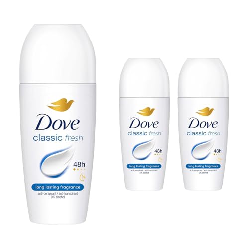 Dove Roll On Classic Antiperspirant up to 48H of Sweat and Odour Protection with Long Lasting Fresh and Clean Fragrance Travel Size Deodorant For Women, 50ml Pack of 3