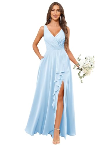 Image of HANVAIOS Long Chiffon V Neck Bridesmaid Dresses for Women Formal Dress with Pocket