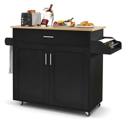 RELAX4LIFE Carrello da Cucina con Ruote di Gomma Silenziosi, Piano per Microonde, Porta-Asciugamani, Portaspezie, Casetto, Armadietto a 2 Ante (Nero, 116x40x85cm)