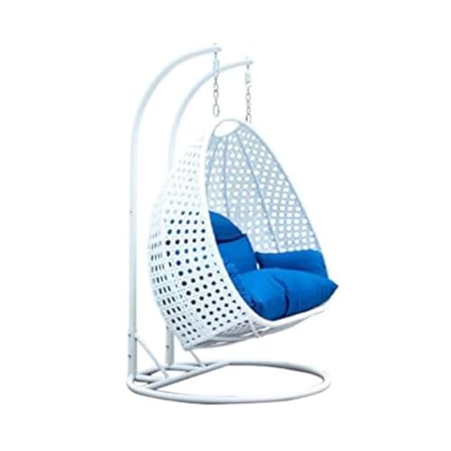 Image of Big White Swing with Stand & Blue Cushion & Hook for Furniture Outdoor /Indoor /Balcony /Garden /Patio