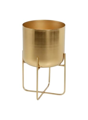 Serene Spaces Living Modern Mid‑Century Metal Indoor Planter with Stand, Gold Planter Pot for Houseplants & Indoor Plants – Living Room, Kitchen & Office, 7.25' Diameter & 13' Tall