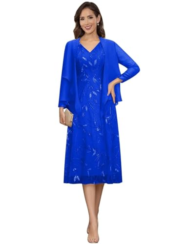 Image of 2 Pieces Mother of Bride Dresses with Jackets - Sequin Lace Chiffon A-Line Tea Length Formal Evening Dresses for Women