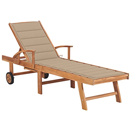 SooIarix Tumbona de jardín de madera maciza de teca con respaldo ajustable en 4 posiciones y cojín beige de 195 x 59,5 cm para terraza, piscina, exterior