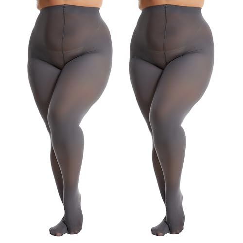 Image of Frola Plus Size Tights for Women Semi Opaque Control Top High Waist Stockings 60 Denier Women's Pantyhose(2Pairs CobbleStone,3X-Langer)