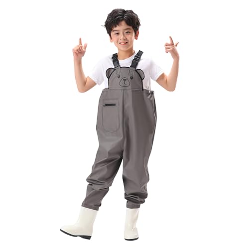 Kinder Wathose mit Gummistiefel Anglerhose Jungen Mit Brusttasche...