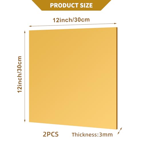 Image of 2 Pcs 12 x12 Inch GoldAcrylic Mirror Sheet, 1 /8 Inch Thick Opaque Glossy Mirror, Plexiglass Mirror Sheets with Protective Film, Rigid Mirror Sheets for Sawing, DIY, Laser Cutting and Engraving