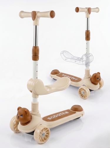 Patinete infantil Berry con asiento y triciclo LED de 3 a 10 años, patinete para niña, función musical, patinete infantil, triciclo infantil, color marrón