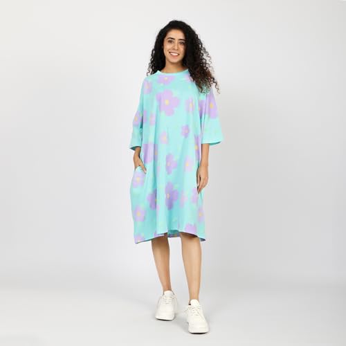 Image of LAMA STORE Women's Printed Oversized T-Shirt Dress, Cotton, 3 /4 Sleeve Length, Casual Loose Fit, Comfort Wear Extra Comfy Oversized Printed Pocket T-Shirt Dress