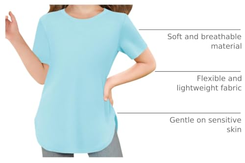 Image of Haloumoning Girls Summer Short Sleeve Shirt Kids Crewneck Curve Hem Soft Tunic Tops T-Shirts 5-14 Years