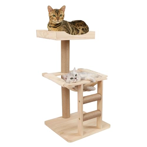 MIUZMORE Albero per Gatti in Legno a 3 Livelli per Gatti Grandi – Torre Stabile con Amaca, Tiragraffi e Cuccia Morbida, Albero Moderno da Interno