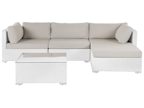 Ensemble de Jardin en Rotin Synthétique 4 Places Modulable Angle à Gauche avec Table Basse et Coussins Beige Blanc Sano II