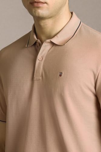 Image of Louis Philippe Men's Slim Fit Single-Tuck Pique Stylized Sleeve Print and Contrast Tipping Half Sleeve Solid Cotton Polo Tshirt
