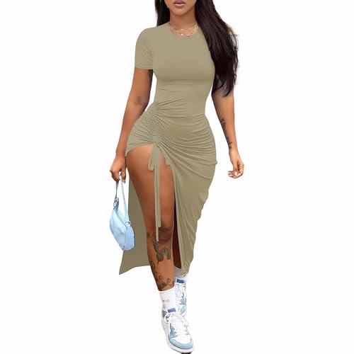 Image of Nimsruc Women Sexy Summer Dresses Short Sleeve Thigh-high Slit Ruched Bodycon Maxi Club Cocktail Party Dress