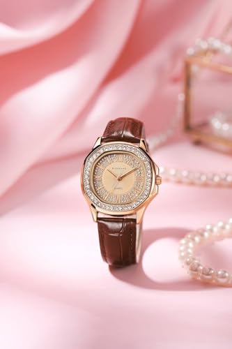 Image of Giordano Luxury Analog Watch for Women with Crystal-Studded Bezel & Leather Strap - Octagonal Case, Elegant Quartz Wristwatch
