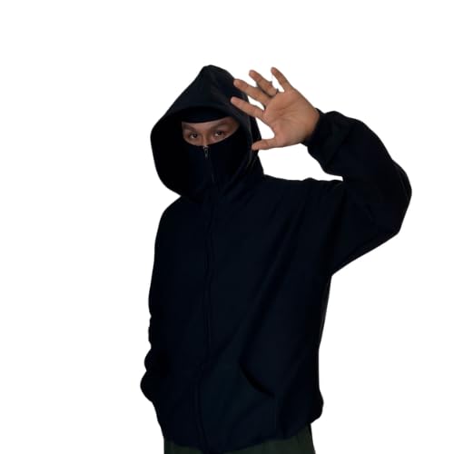 Moletom balaclava Preto com Capuz Duplo, Zíper Frontal, Bolsos Laterais, Estilo Casual