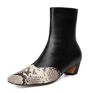 Vertundy Women's Ankle Boots Square Toe Booties Low Kitten Block Chunky Heel Snakeskin Patchwork Leather Chelsea Boots2