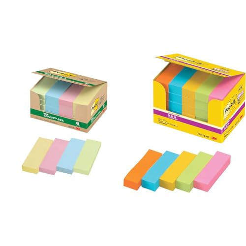 【セット買い】スリーエム(3M)ポストイット 付箋 ふせん パステルカラー 75×25mm 100枚×20パッド 5001-K + スリーエム(3M) ポストイット 強粘着 付箋 長方形 見出し ネオンカラー 50×15mm 90枚×25パッド 7001S