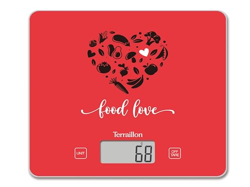 TERRAILLON – T1040 FOOD LOVE- Balanza de cusine electrónica, bandeja de cristal, capacidad 3 kg, graduación 1 g, tara, conversión líquida, ultrafina y compacta – Pantalla LCD – Rojo