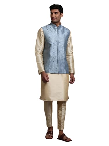 Image of VM Men's Grey And Cream Silk Blend Jacket, Kurta and Pyjama Set