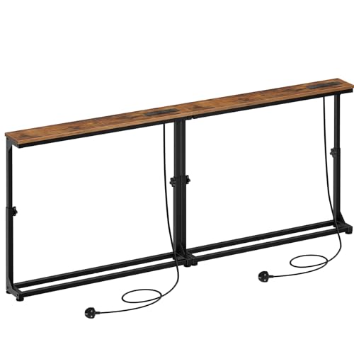 Image of HOOBRO Slim Console Table with Adjustable Height (63.5-83.5 cm) Set of 2, Behind Sofe Table with Charging Station, 100 cm Narrow Console Table for Hallway, Living Room, Rustic Brown EBF95KXGP201