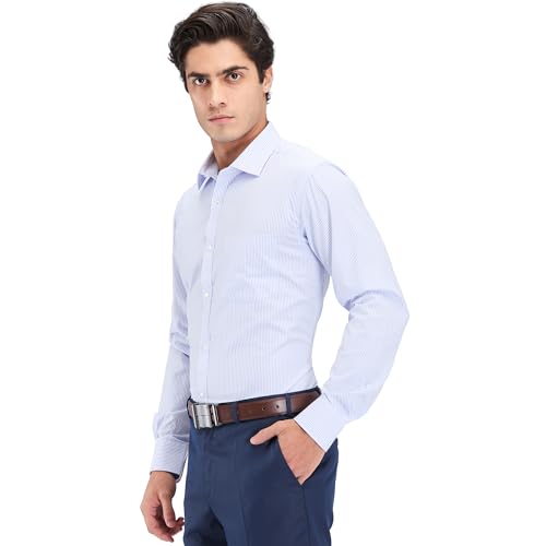 Image of Park Avenue Men's Slim Fit Stripe Pattern Cotton Blend Semi Cutaway Collar Full Sleeve Formal Shirt