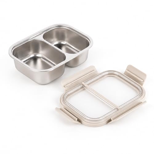 Image of YELONA 316L Stainless Steel 600ML Lunch Box for Kids & Adults | Leakproof Bento Box with 2 Compartments, Removable 4 Side Lock Lid | Microwave Safe Steel Tiffin Box for Office School Travel - Beige
