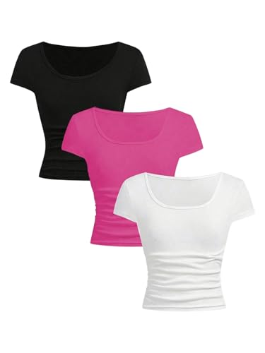 Image of SOLY HUX Girl's Short Sleeve T Shirts 3 Piece Basic Scoop Neck Tees Slim Fit Casual Summer Tops