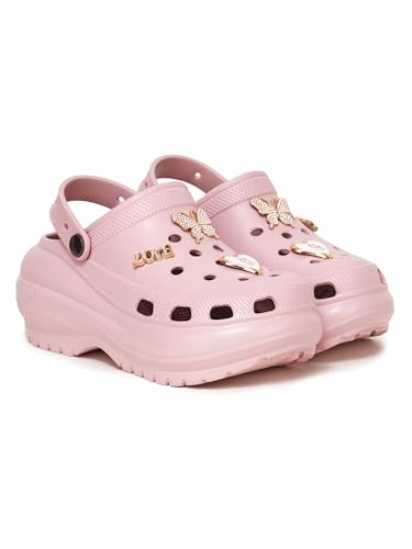 Image of ATHCO Roxxie Clogs For Women's|Girl's| Dual-Color Soft EVA Cushioned With Massage Footbed|Easy Wear with Adjustable Back Strap|Lightweight Platform Heels|Flexible|Breathable|Extra Soft Comfortable Anti-Skid Casual Mule|All-Season|Summer|Monsoon|Rain|Winter|Waterproof|Casual Slip-On Sandal with Cute Charms & Chunky Design|Indoor & Outdoor Wear|Trendy|Fashionable|Stylish|Shoes
