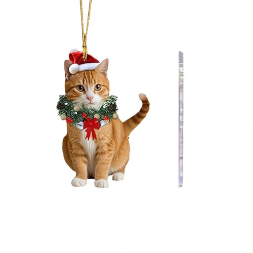 Katzen-Weihnachtsbaumschmuck, niedlicher Katzen-Weihnachtsstrumpf hängender Anhänger, 2D-Acryl-Weihnachtshängedekoration, Katzen-Auto-Charm Innenrückspiegel-Anhänger Deko-Geschenk (Gelb B 1 Stück)