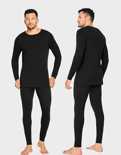 YESWEL 100% Merino Unterwäsche Herren Set, Weich Winter Thermounterwäsche, Warme Merinowolle Skiunterwäsche, Langarm Shirt und Hose Funktionsunterwäsche (Schwarz,L)