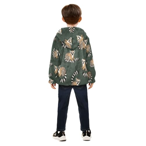 Lemur Cute Pattern on Green Toddler Fleece Jacket Girl Boys Hooded Fleece Jacket Coat Warm Outwear Zip-up 3-10T4