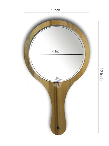 Image of ᵀᴹ Round Shape Makeup Large One Sided Wooden Hand Mirror with Wood Handle Mirror for Women n Men (Wooden Hand Mirror)