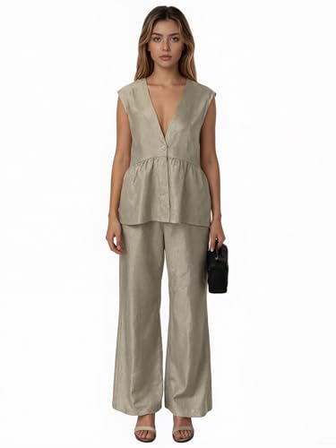 VCM 2 Piece Sets for Women Peplum Top Button-up Vest V Neck Cropped Tank Tops Straight Leg Pants Work Outfits Business Casual2