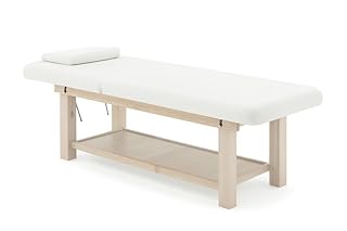 Malys Equipements – Table de massage SAVANE en bois clair | largeur 75 cm, matelas épais, dossier réglable à crans, trou facial & têtière, plateau de rangement, revêtement blanc | 190×75×75 cm | 50 kg